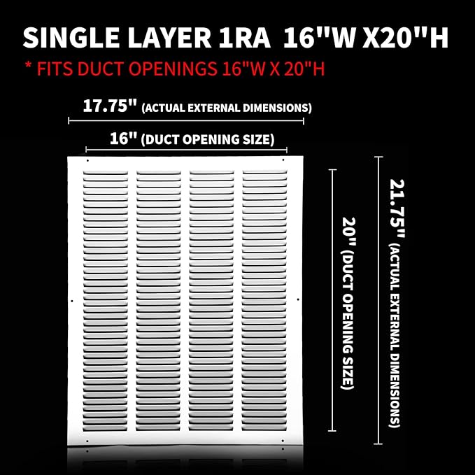 16x20 Return Air Grille(Duct Opening Size),Air Return Vent Cover,Flat Vent Cover,Rejillas De Aire Acondicionado Para Casa,Return Air Grilles,Outer Dimensions:17.75"Wx21.75"H(16"W x 20"H, Duct Opening)