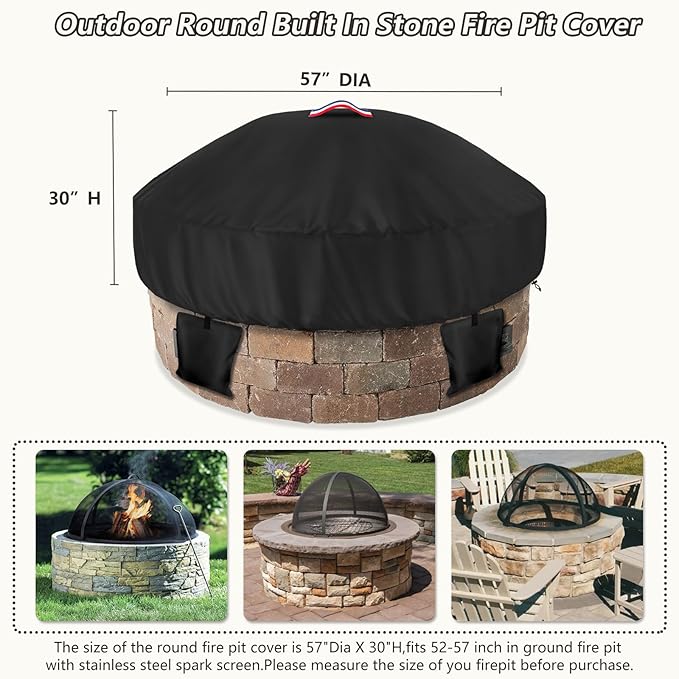 Outdoor Round Built in Stone Fire Pit Cover,Heavy Duty 600D Waterproof Cover for 50In-57In Fire Pit with Spark Screen,All-Weather Protection Round Fire Pit Cover for In Ground Brick Fire Pit,Black