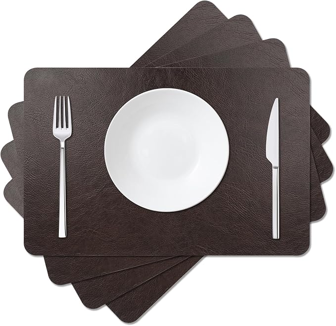 Cowhide Pattern Faux Leather Placemats Set of 4,Heat Resistant Non-Slip Waterproof Wipeable Washable Kitchen Dining PU Table Place Mats,Double-Sides Available,Black Brown