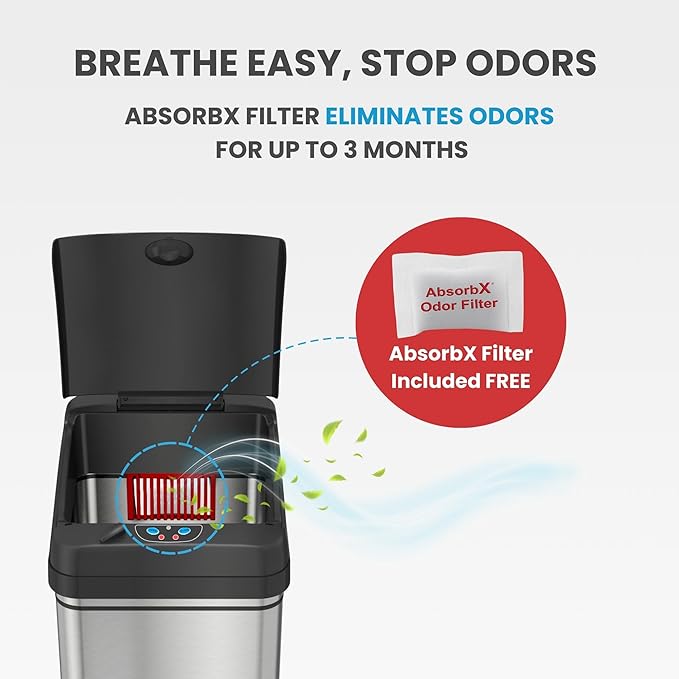 iTouchless 50 Liter / 13 Gallon Kitchen Trash Can with Lid & Odor Filter – Motion Sensor Stainless Steel Garbage Bin for Home, Office, or Garage – Slim, Large Capacity Design