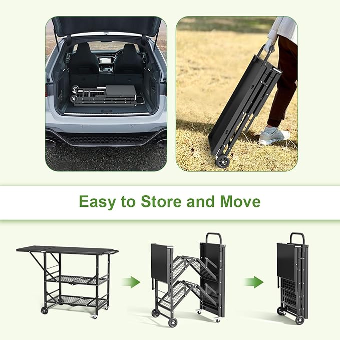 Himix Folding Grill Cart-3 Tier Outdoor Grill Cart with Wheels, Grill Table for Outside Pizza Oven Cooking Prep Table, Portable Bar Cart Grill Station