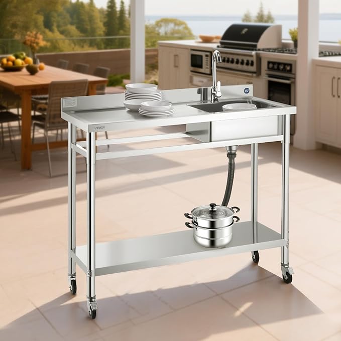 VEVOR Stainless Steel Utility Sink, Rolling Single Bowl Commercial Kitchen Sink with Wheels,Faucet and Hot & Cold Water Pipe,Utility Basin Workbench for Garage Restaurant Laundry 47.2 x 19.7 x 41.5 in