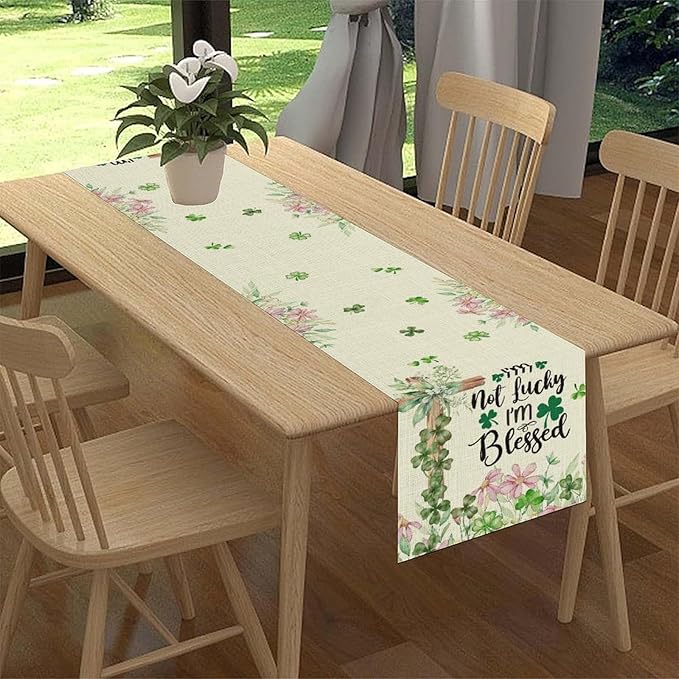 Cross Clover Table Runner,Rustic Beige Pink Floral Green Shamrock St.Patrick's Day Table Center Decor for Home Kitchen Dining Patio Holiday Party Indoor Decorations, 13"x72"