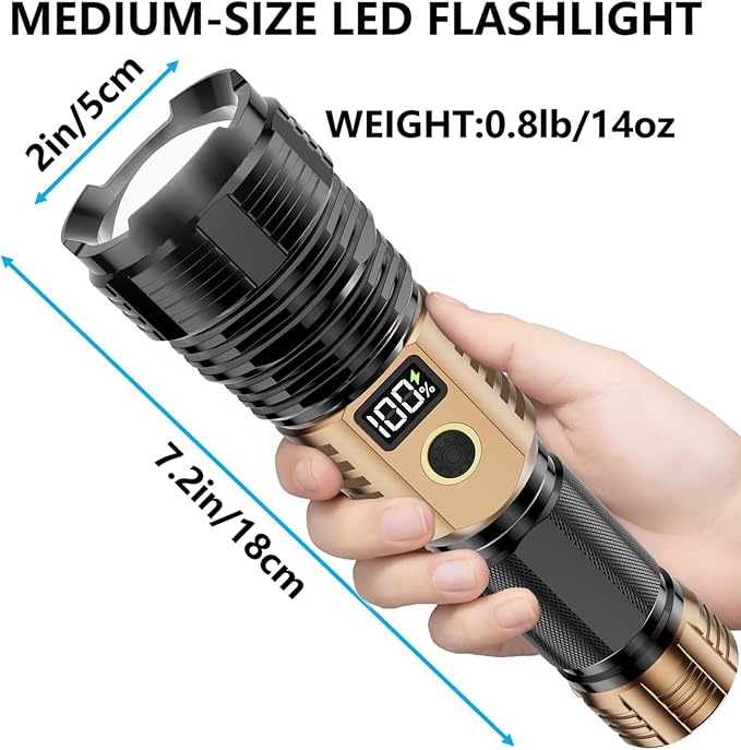 Flashlights High Lumens Rechargeable, LED Super Bright Flash Light Long Beam, Zoomable Linternas with LCD Digital Display, 5 Mode, Waterproof, Powerful Tactical Flashlight for Emergencies Camping Gift