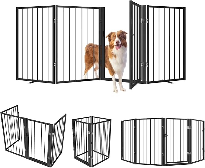 Metal Freestanding Dog Gate, Foldable Extra Wide 79", 32" Tall Large Opening Pet Gate for Indoor & Outdoor, Portable Dog Fence for Stairs, Doorways (Black, 4 Panels)
