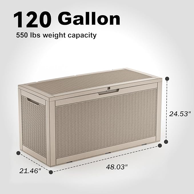 120 Gallon Resin Deck Box, Lockable Patio Outdoor Storage Box for Furniture, Garden Tools and Tools Storage, Waterproof Outside Storage Boxes - Grey