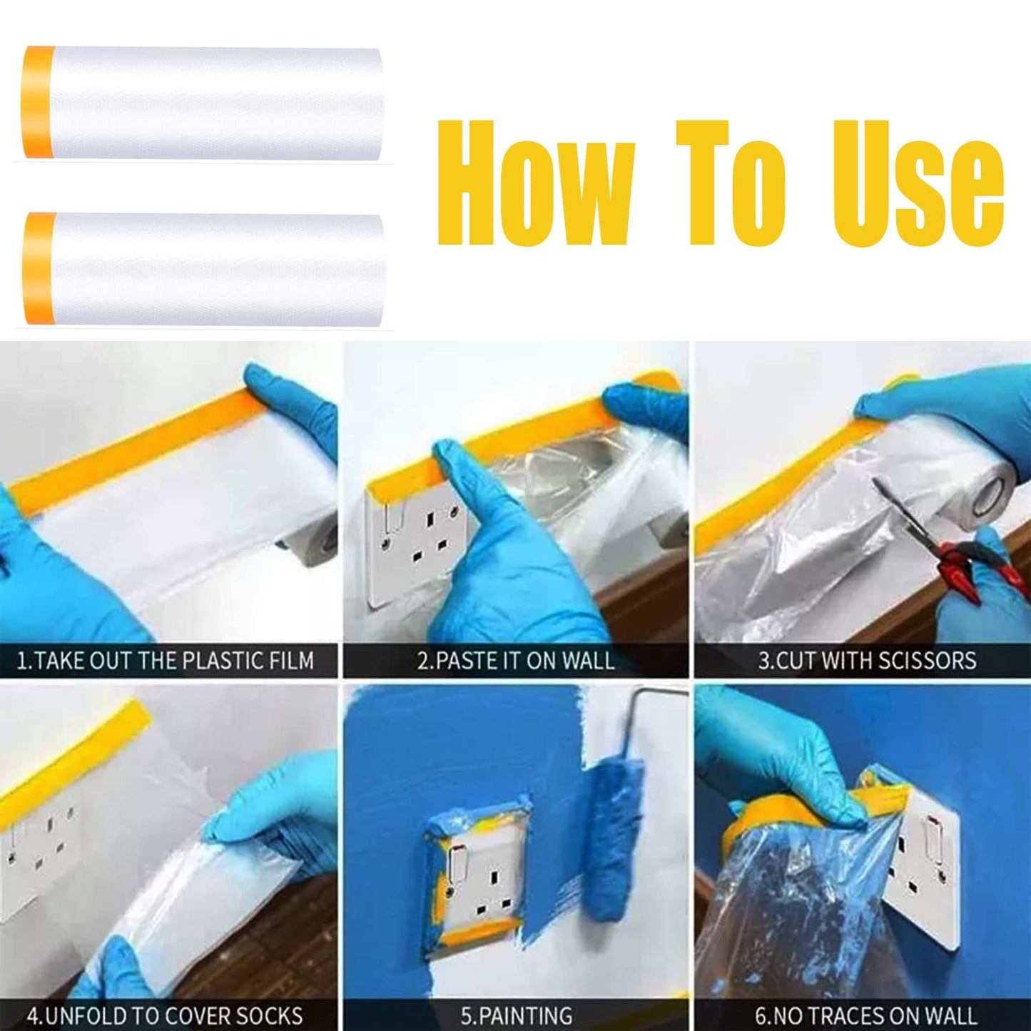 Painters Plastic With Tape, Pre-Taped Masking Film, 6 Rolls Automotive Best Tape and Drape, Paint Adhesive Protective Film Roll for Covering Skirting, Frames, Cars and Auto Body (5 X 65-Feet) (6)