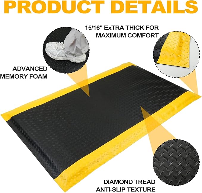3 x 5 FT Industrial Anti Fatigue Mats, 15/16 Inch Thick Soft Sponge Ergonomic Mat, Nonslip Diamond Plate Work Mat, for Relieving Soreness in The Back and Legs