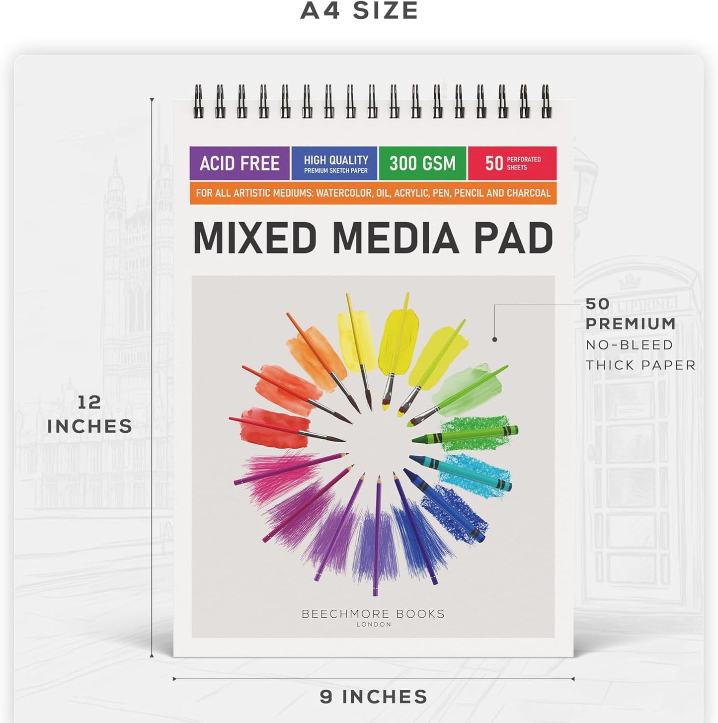 BEECHMORE BOOKS Mixed Media Spiral Sketchbook A4 9×12 – 300 GSM Heavyweight Paper, 50 Perforated Sheets, Bleedproof Art Pad for Watercolor, Acrylic, Oil, Gouache, Markers