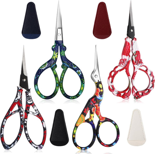 Zhehao 4 Pcs Sewing Embroidery Scissors with Artificial Leather Cover Sewing Stainless Vintage Embroidery Scissors for DIY Needlework Art Manual Handicraft (Delicate)