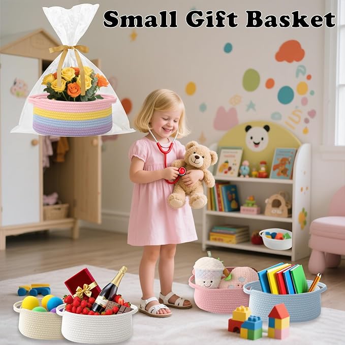 Gift Basket with Gift Bag and Ribbons,Small Rope Woven Shelf Storage,Baskets for Gifts Empty,Birthday,Baby Shower,Decorative Organizer Box with Handles(Rainbow Pastel)