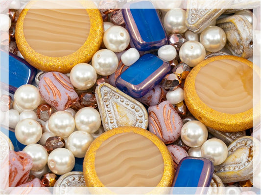 2.1oz (60g) of Glass Bead Mix with Pearls, Filigree Teardrops and Fresca Czech Beads, Beige Star Light