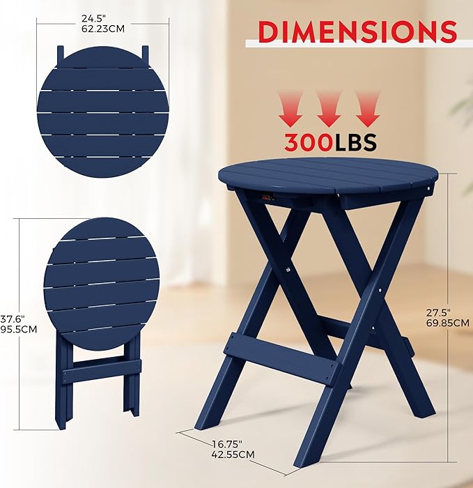 Costaelm Paradise HDPE Outdoor 24.5 Inch Round Portable Folding Patio Dining Table, Navy Blue
