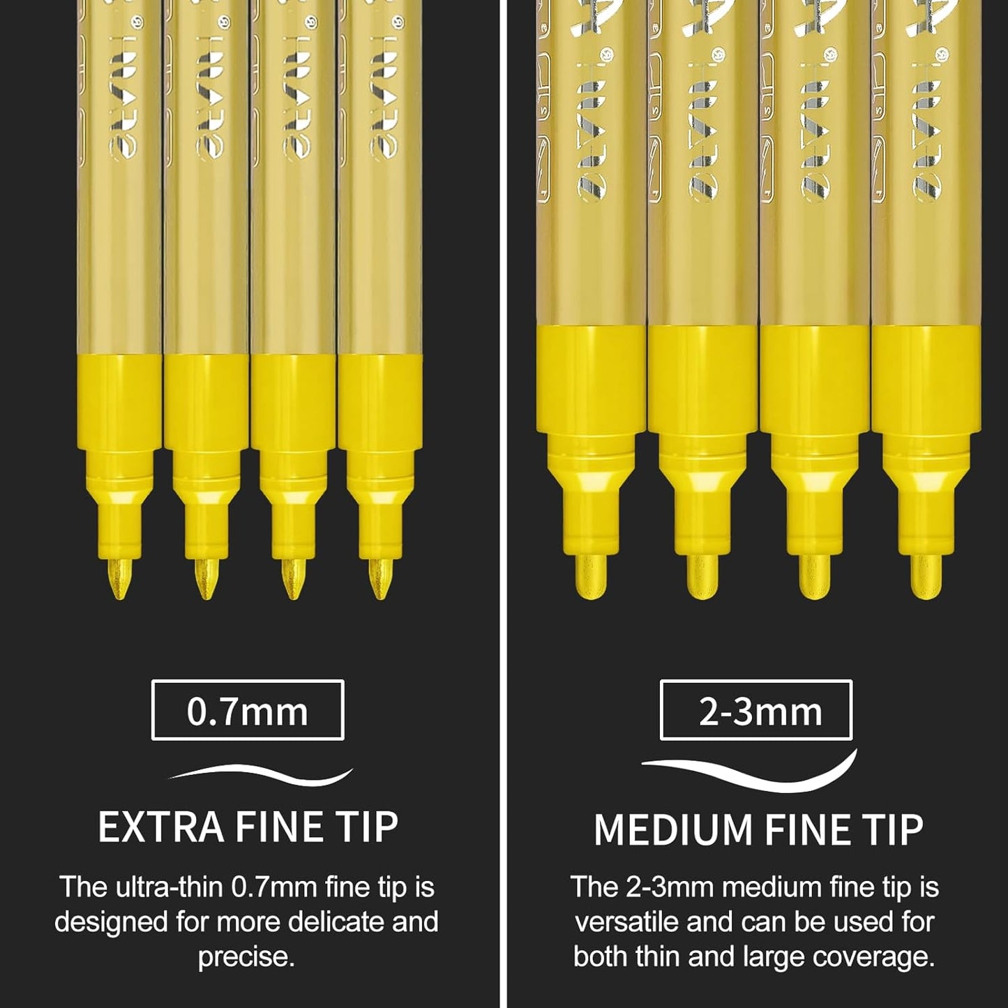 SFAIH Acrylic Gold Paint Pens - 8 Pack 2-3MM Medium Tip & 0.7MM Extra Fine Gold Markers Permanent for Rock, Wood, Metal, Fabric, Plastic, Glass, Ceramic, Diy Crafts, Large Ink Capacity, High Coverage