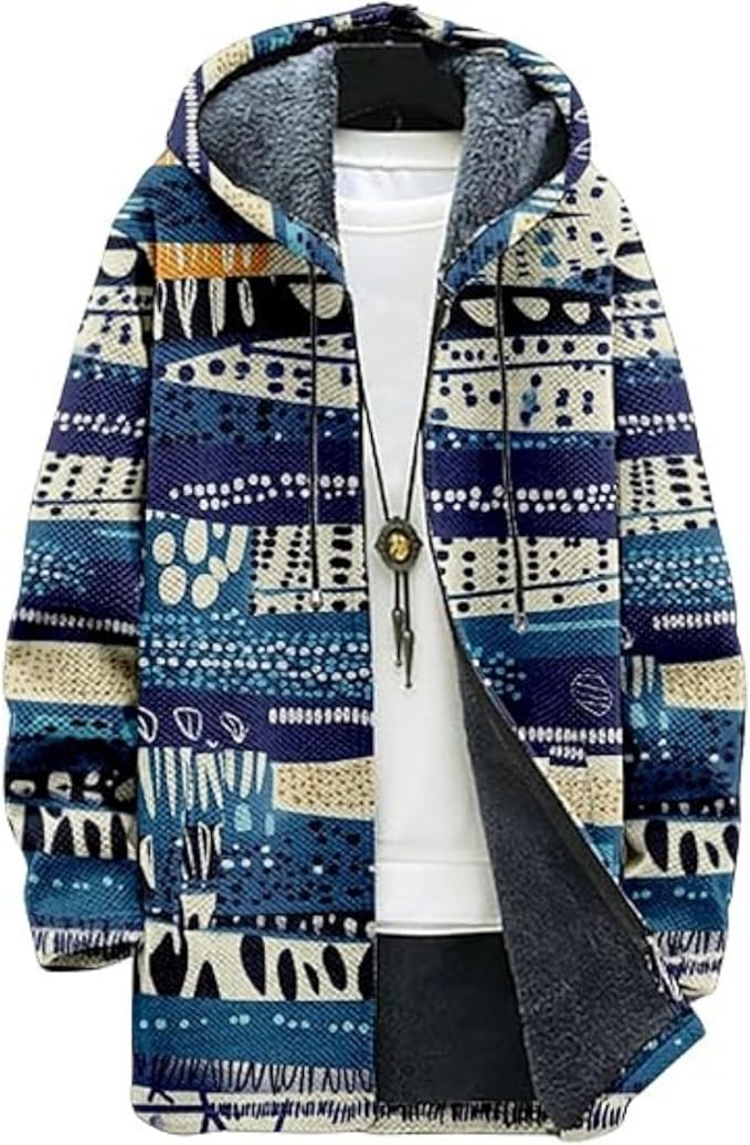 Men's Hooded Sweater Coat Knit Fleece Lined Long Cardigan Jacket with Zip Front Pocket Vintage Casual Zip Up