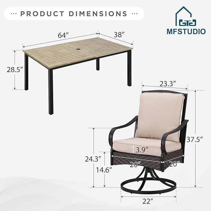 MFSTUDIO Patio Dining Sets with Swivel Chairs, Wood-Like Metal Table for 6 and Wicker Chairs, 7 Pieces Outdoor Dining Furniture, Patio Rectangular Table and Chair for Deck, Backyard