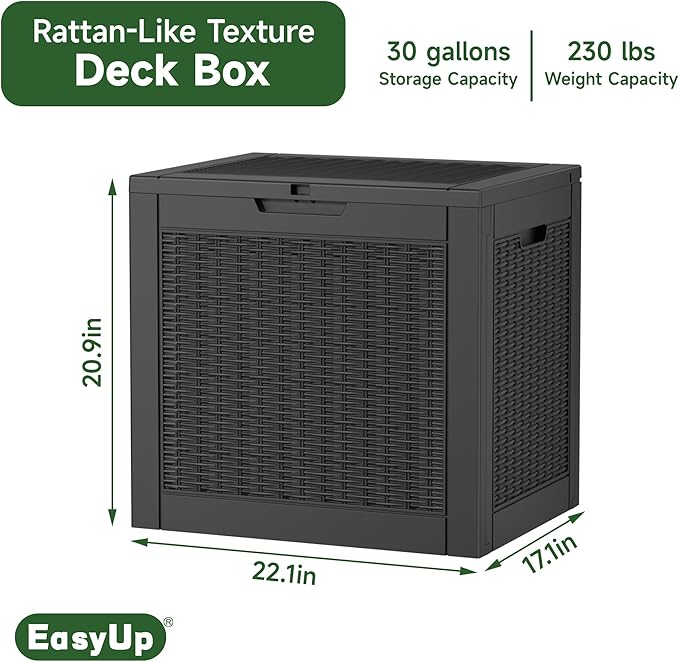EasyUp 30 Gallon Resin Deck Box, Patio Outdoor Deck Box for Furniture, Garden Tools and Tools Storage, Waterproof Outside Storage Boxes(Black Off-site)