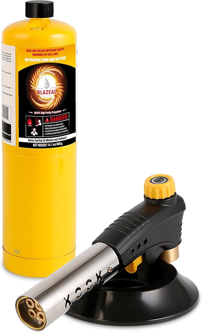 BLAZEAL Propane Torch Kit with 1x MAPP Gas,4-Flame Blow Torch Head with Propane Tank Base for MAP Gas,Work in All Angle,Trigger Start Torch Gun for Welding Brazing Soldering Grill Camping Cooking Food