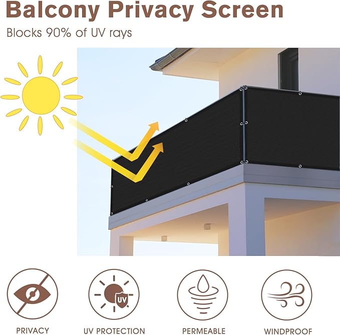 SUNNY GUARD Customized 3.3'x30' Black Balcony Privacy Screen,90% Shade Apartments Fence Cover,Heavy Duty Mesh Windscreen for Deck,Outdoor,Backyard,Patio