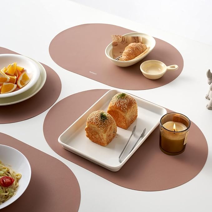 Clay Pink Oval Silicone Placemats Set of 6 – Heat Resistant, Waterproof, Easy to Clean Non-Slip Modern Dining Table Mats – Premium Leather Textured Japandi Kitchen Decor