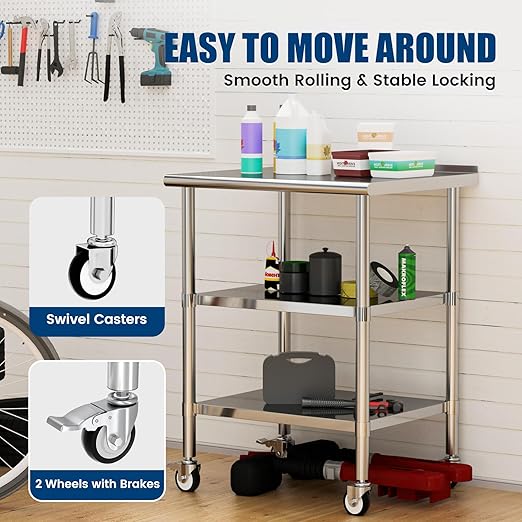 Stainless Steel Work Table with Wheels, 24x30 Inch NSF Food Prep Table with Backsplash & 2 Adjustable Undershelves for Commercial Kitchen, Restaurant, Garage