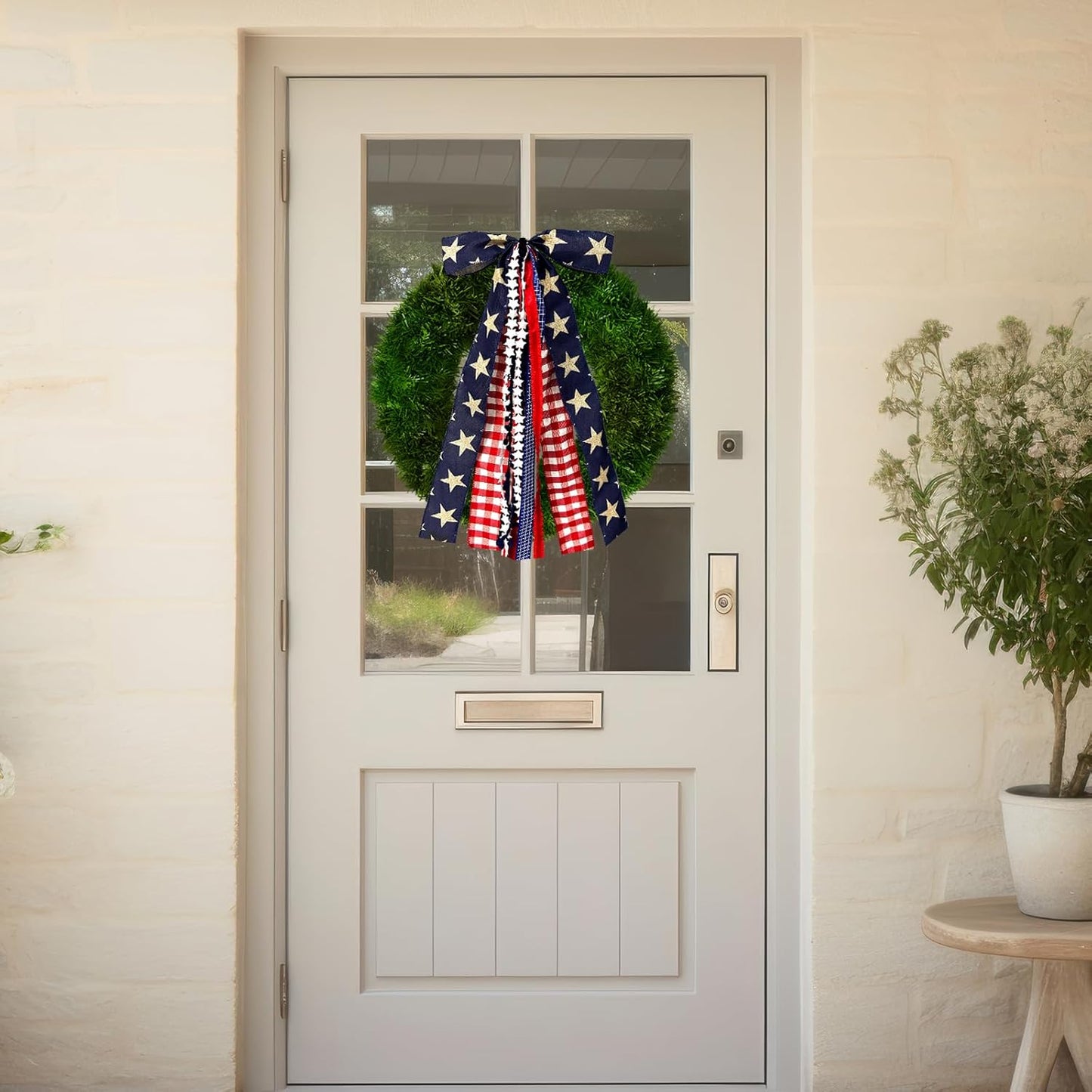 Large Patriotic Star Ribbon Bow for Wreath, Red White Buffalo Plaid Fabric Ribbons Set Assorted Lace Ribbon 4th of July Clip-On Wreath Sash Ribbons Bundle for Patriotic Indoor Outdoor Decor