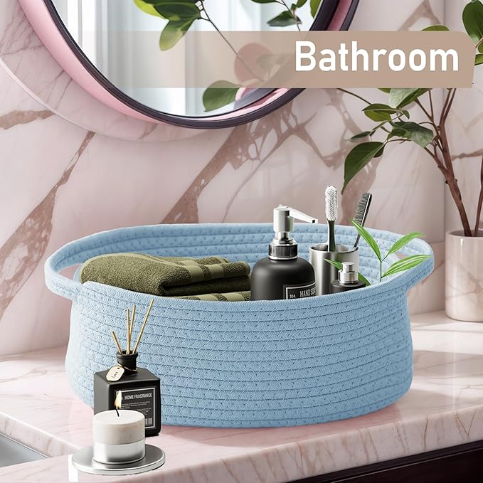 Woven Basket,Small Rope Storage Bin with Handles & Ribbon Bag, Organizer for Shelves Closets,Gift Basket Empty for Birthday,Books,Dog Toys, Blue/2 Pack