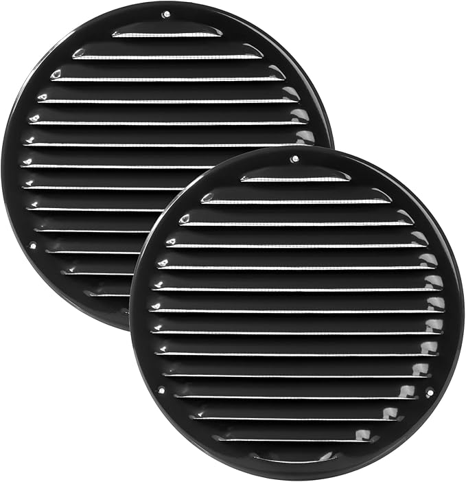 Vent Systems 8" Black Soffit Vent Cover - Pack of 2 - Round Air Vent Louver - Grill Cover - Built-in Insect Screen - HVAC Vents for Bathroom, Home Office, Kitchen