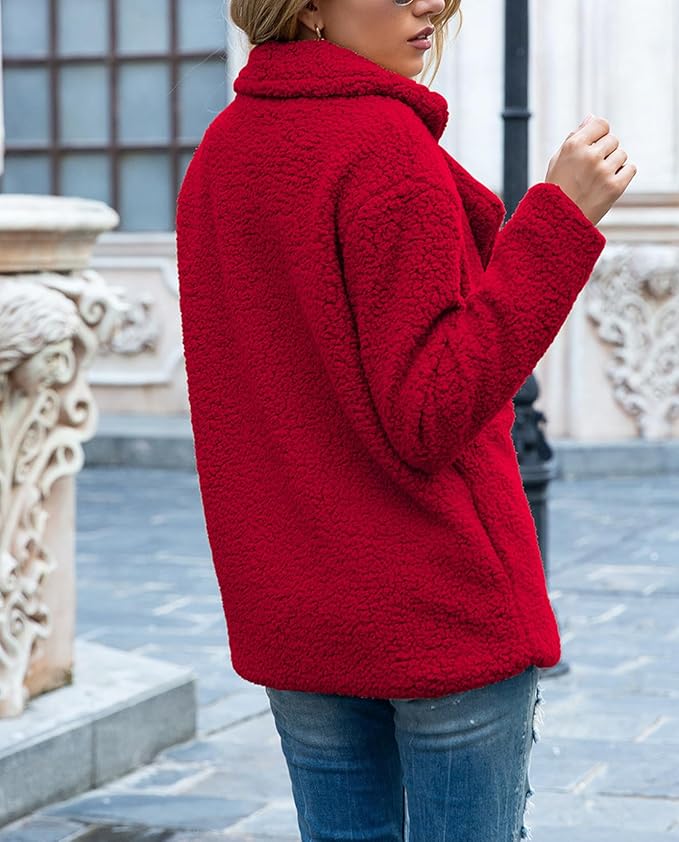 Women's Winter Warm Plush Cardigan Fuzzy Fleece Lapel Jacket with Buttons Pockets Long Sleeve Casual Outerwear
