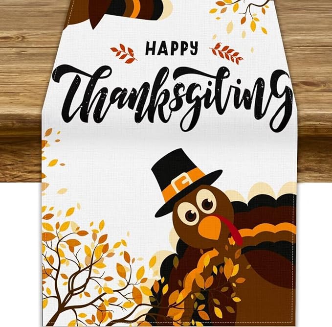 Thanksgiving Turkey Table Runner, Cartoon Turkey Autumn Branch Yellow Leaves Fall Harvest Kitchen Dining Table Decoration for Indoor Outdoor Farmhouse Home Party Decor, 13x108inch