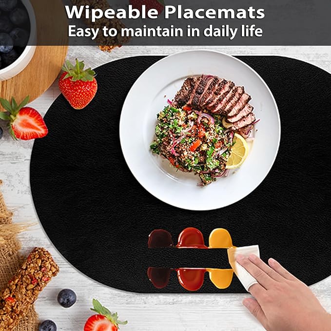 ADRIMER Placemats, Heat Resistant Oval Placemats Set of 4 Washable 12 x 17 Inch, Waterproof Table Mats, Wipeable Pu Place Mats for Kitchen, Dining Room, Black