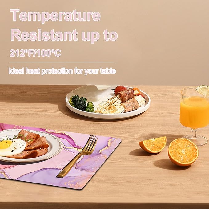 Marble Pink Placemats Set of 4 - Faux Leather Heat Resistant Placemats for Dinner Table, Non-Slip Waterproof Oil-Proof Washable Reusable Placemat for Indoor Outdoor Kitchen Decor, 15.75In*11.81In