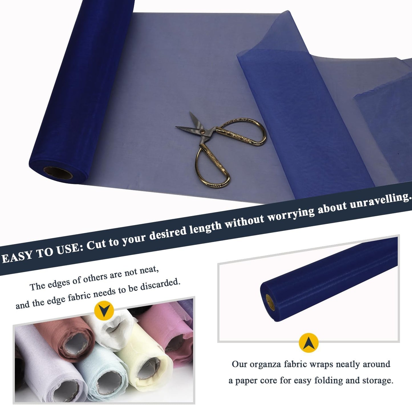 Organza Tulle Fabric Rolls, Crystal Organza 12" by 50 Yards (150 ft) Sheer Nylon Silky Shiny Netting Spool Bolt for DIY Craft Table Runner Wedding Baby Shower Party Decor (Navy Blue)