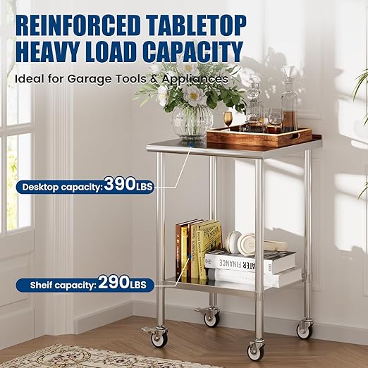 Stainless Steel Work Table with Wheels, 24x24 Inch NSF Food Prep Worktable with Backsplash & Adjustable Undershelf for Commercial Kitchen, Restaurant, Garage, Outdoor BBQ