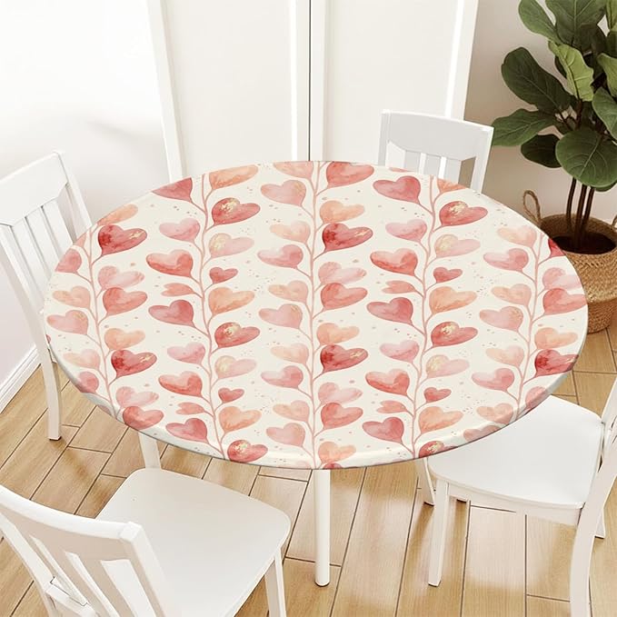 Valentines Day Round Fitted Tablecloth with Elastic Pink Love Heart Circle Table Cloth for 40-44" Round Tables Wipeable Waterproof Washable Valentine Hearts Table Cover for Picnic Dining Party Decor