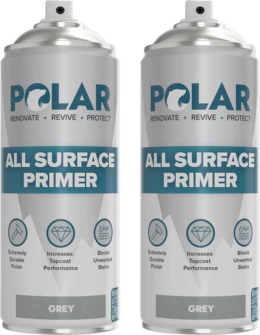 Polar All Surface Primer Matte Gray - 2 x 13.5 Fl Oz - Ideal for Wood, Metal, Plastic, Brick - Enhanced Adhesion & Quick Drying