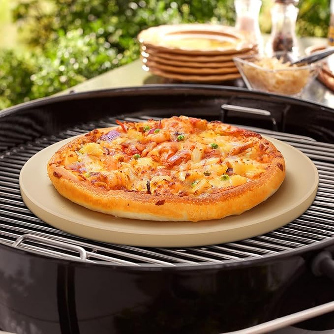 Unicook 14 Inch Round Pizza Stone, Heavy Duty Cordierite Baking Stone for Oven and Grill, Thermal Shock Resistant, Ideal for Baking Crispy Crust Pizzas, Bread, Pies and More, Includes Dough Scraper