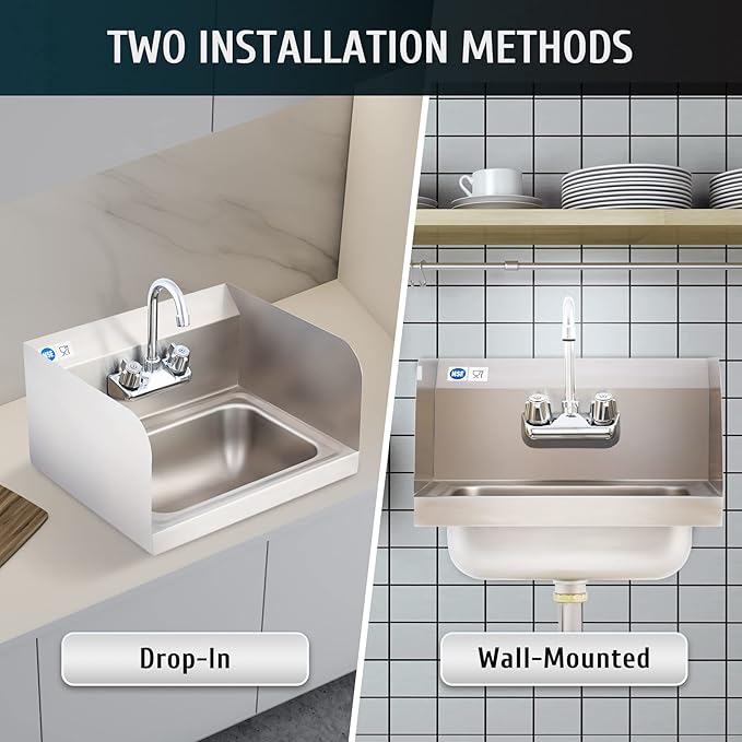 WILPREP Commercial Hand Sink, NSF Stainless Steel Sink Commercial Utility Sink with Gooseneck Faucet and Strainer, 17x15 Inch Wall Mount Kitchen Sink for Restaurant Bar RV Bathroom Laundry Room