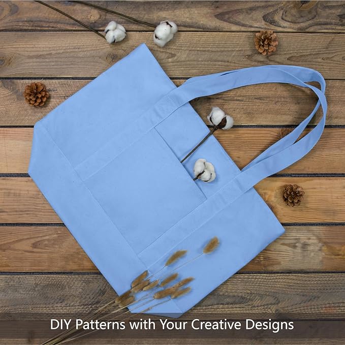TOPDesign 6-Pack Canvas Tote Bags with an External Pocket, Reusable Grocery Shopping Bags, Top Zipper Closure, Daily Essentials (Light Blue)