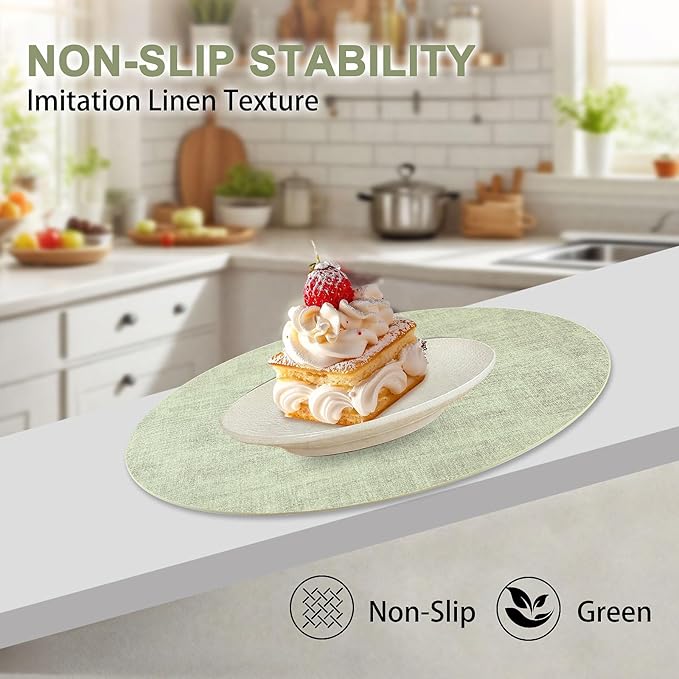 Round Faux Leather Placemats and Coasters, Set of 8, Reversible Heat Resistant Non-Slip Table Mats, Waterproof Wipeable Place Mats for Dining Table, Washable for Indoor & Outdoor (8, Light Green)
