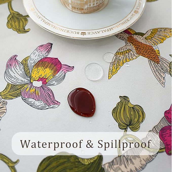Rectangle Waterproof Tablecloth, Spring Summer Birds Floral Table Cloth, Decorative Fabric Table Cover for Indoor and Outdoor, 72 x 54 Inch, Red Flower
