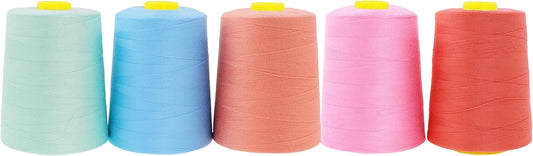 Mandala Crafts 5 Pack of Serger Threads Cones Spools - 20S/2 30000 Yards Polyester Pastel Threads for Sergers Machine and Overlock Quilting Sewing Machine