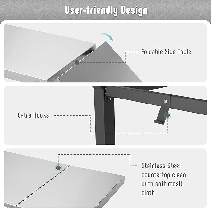 Movable Grill Table with Folding Side Table, Pizza Oven Table as BBQ Food Prep Cart with Undershelf for Outdoor & Indoor Use, 43" L x 20" W Stainless Steel Tabletop, Gray