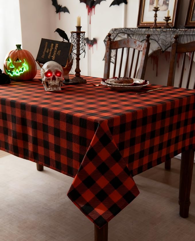 Waterproof Checkered Tablecloth Fabric - Rectangle 58x84 Inch Fall Themed Halloween Table Cloth for Indoor/Outdoor Use - Autumn Table Cover for Kitchen, BBQs, and Parties
