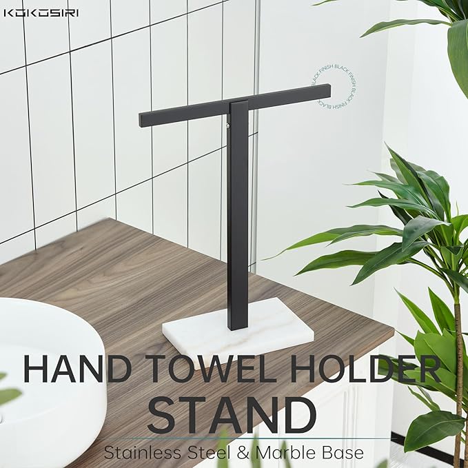 KOKOSIRI Hand Towel Holder Black Stand Towel Rack with Marble Base for Bathroom Kitchen Vanity Countertop, Stainless Steel 15.7'' Height THS0002-SM-BK