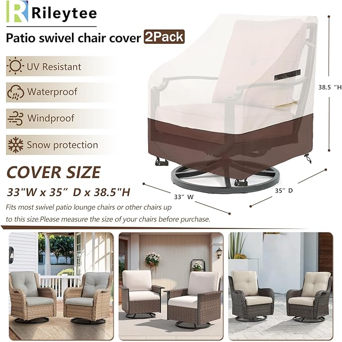Rileytee Outdoor Swivel Chair Cover 2 Pack, Furniture Patio Chair Covers Waterproof Clearance, Outdoor Lawn Patio Furniture Covers,(33" W x 35" D x 38.5" H) Beige & Brown