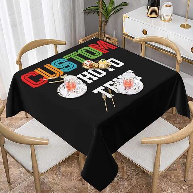Custom Square Tablecloth, Design Your Logo Text Photo, Personalized Oil Proof Wipeable Table Cover for Restaurant, Family Party, Picnic, Wedding Anniversary Decoration, 60in