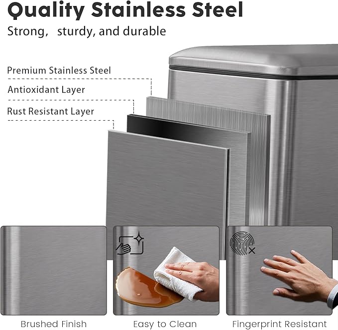 12 Gallon Slim Trash Can Kitchen, Stainless Steel Trash Can with Removal Inner Bucket and Soft-Close Lid, Pedal Garbage Can 45 Liter, Kohler Grey