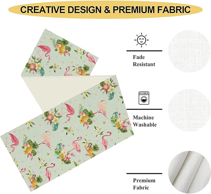Tropical Flamingo Table Runner,Spring Summer Floral Dots Pineapples Hawaiian Luau Table Center Decor for Family Kitchen and Living Room Outdoor Farmhouse Party Table Decorations, 13"x108"