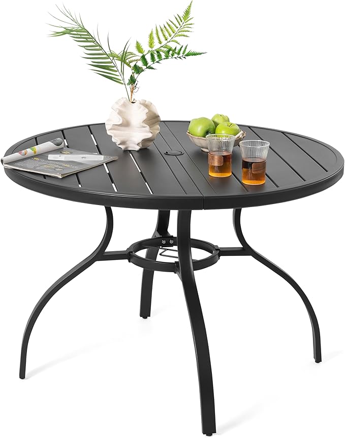 NUU GARDEN 41" Round Metal Outdoor Patio Dining Table for 4, All-Weather Slatted Outdoor Table with 1.57" Umbrella Hole and Adjustable Feet for Lawn Garden Backyard, Black